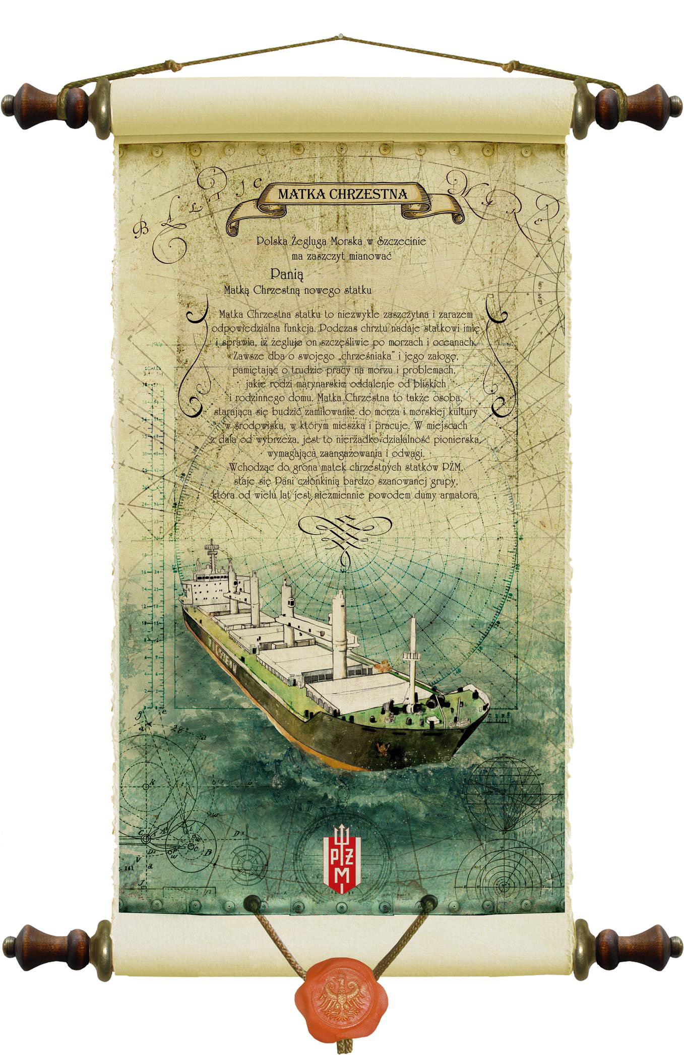 Grafika przedstawiająca ozdobny pergamin z tekstem nominacji na Matkę Chrzestną statku oraz rysunkiem masztowca