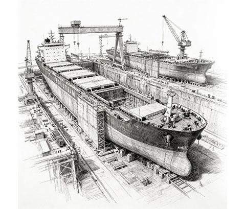 rysunek budowy statku w stoczni