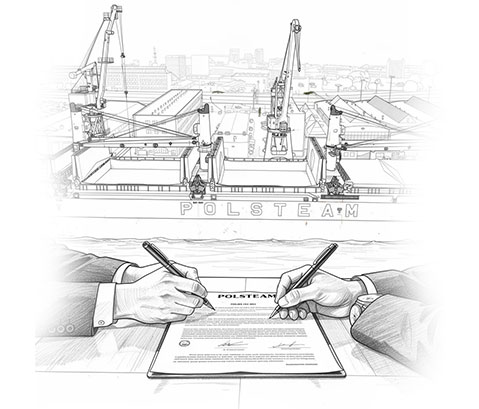 rysunek dwóch rąk podpisujących dokument na tle stoczni