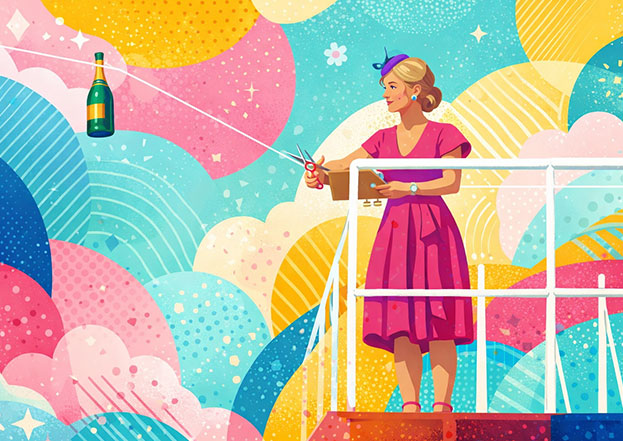 Ilustracja przedstawiająca kobietę w różowej sukience przecinającą nożyczkami sznurek z butelką szampana na tle kolorowych abstrakcyjnych wzorów