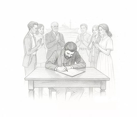 mężczyzna piszący na kartce leżącej na stole, w tle kilka osób