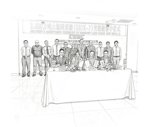 rysunek czterech osób przy stole, na tle grupy stojących ludzi