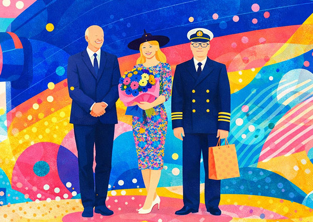 Kolorowa ilustracja przedstawiająca kobietę z kwiatami w towarzystwie dwóch mężczyzn w garniturze i mundurze marynarskim