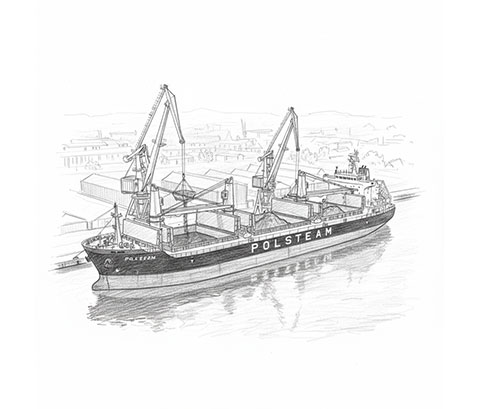 rysunek statku polsteam w porcie