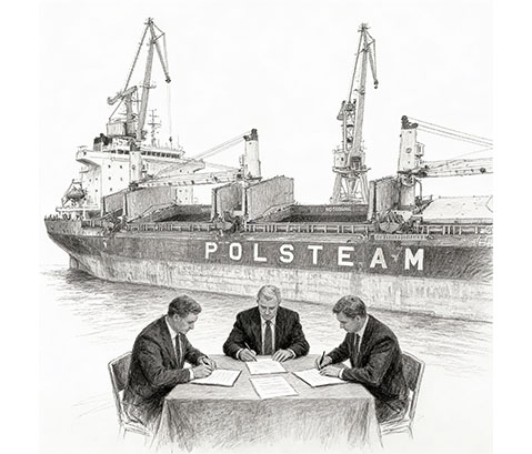 rysunek trzech mężczyzn przy stole podpisujących papiery, a w tle statek Polsteam