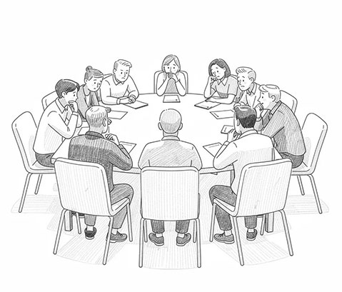 rysunek dyskutujących przy stole ludzi